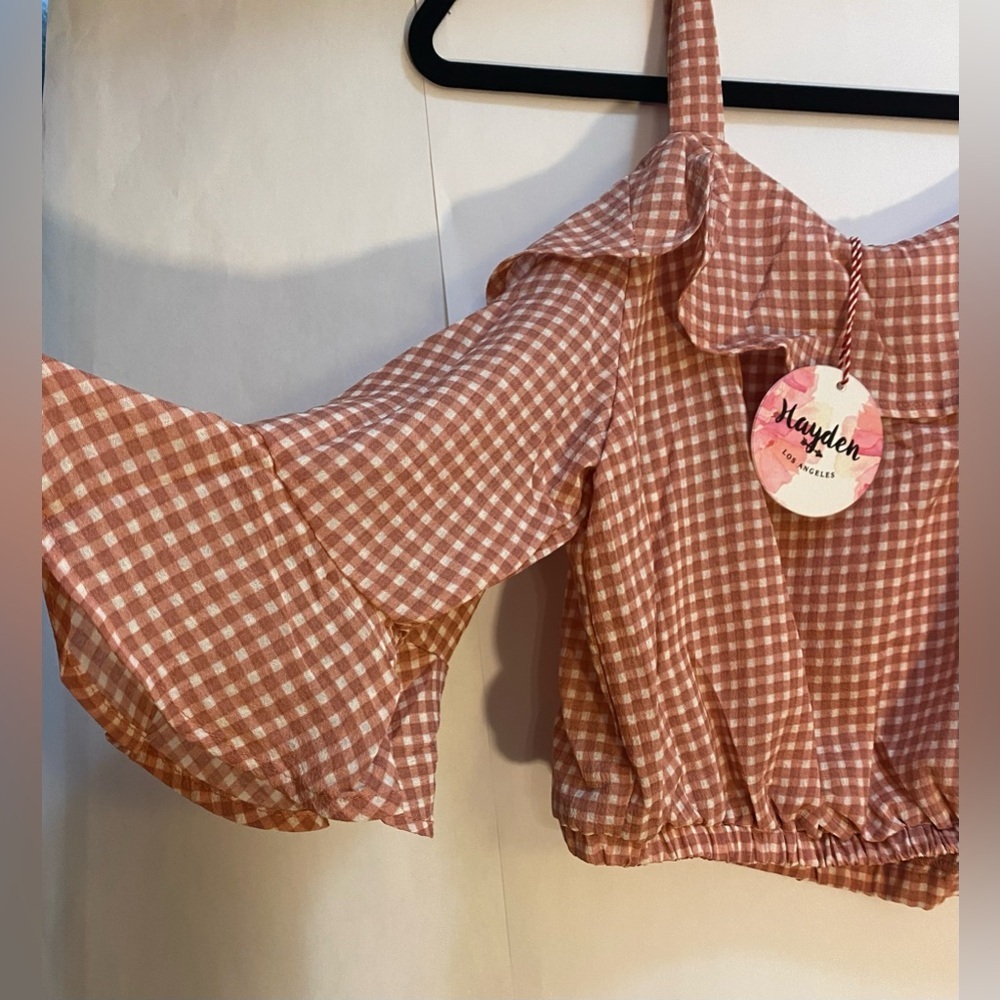 Hayden Los Angeles Gingham Cold Shoulder Bell Sleeve Ruffle Top Rust H6394 L - Picture 2 of 7